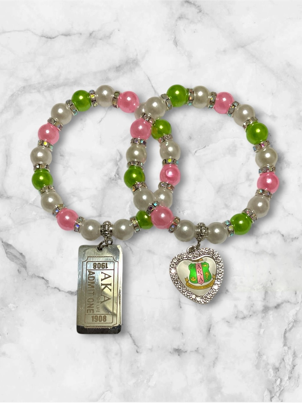 AKA Beaded Pink & Green Charm Bracelet Set